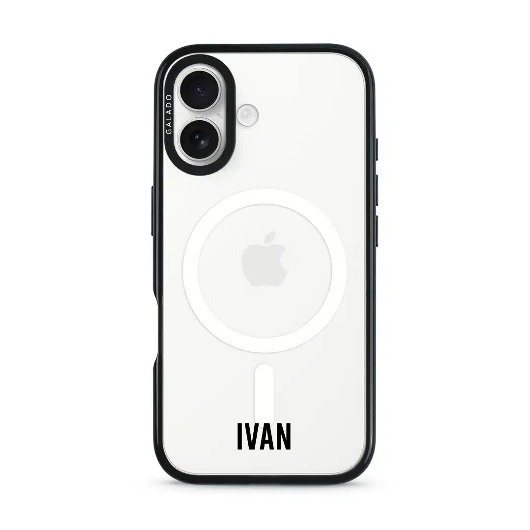 Grande Custom Name phone case, personalised name in bold condensed type on a clear case