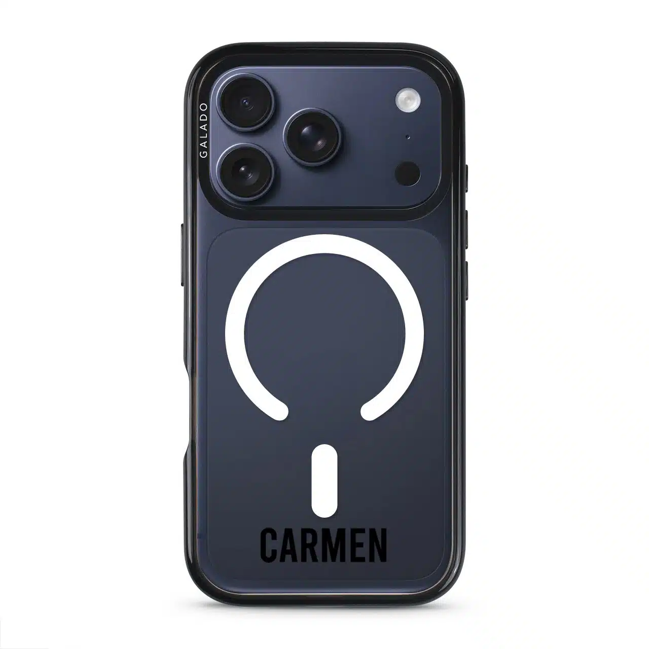 Grande Custom Name phone case, personalised name in bold condensed type on a clear case