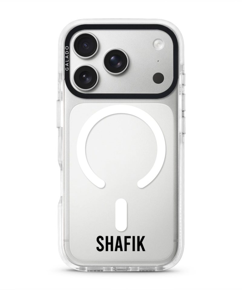 Grande Custom Name phone case, personalised name in bold condensed type on a clear case