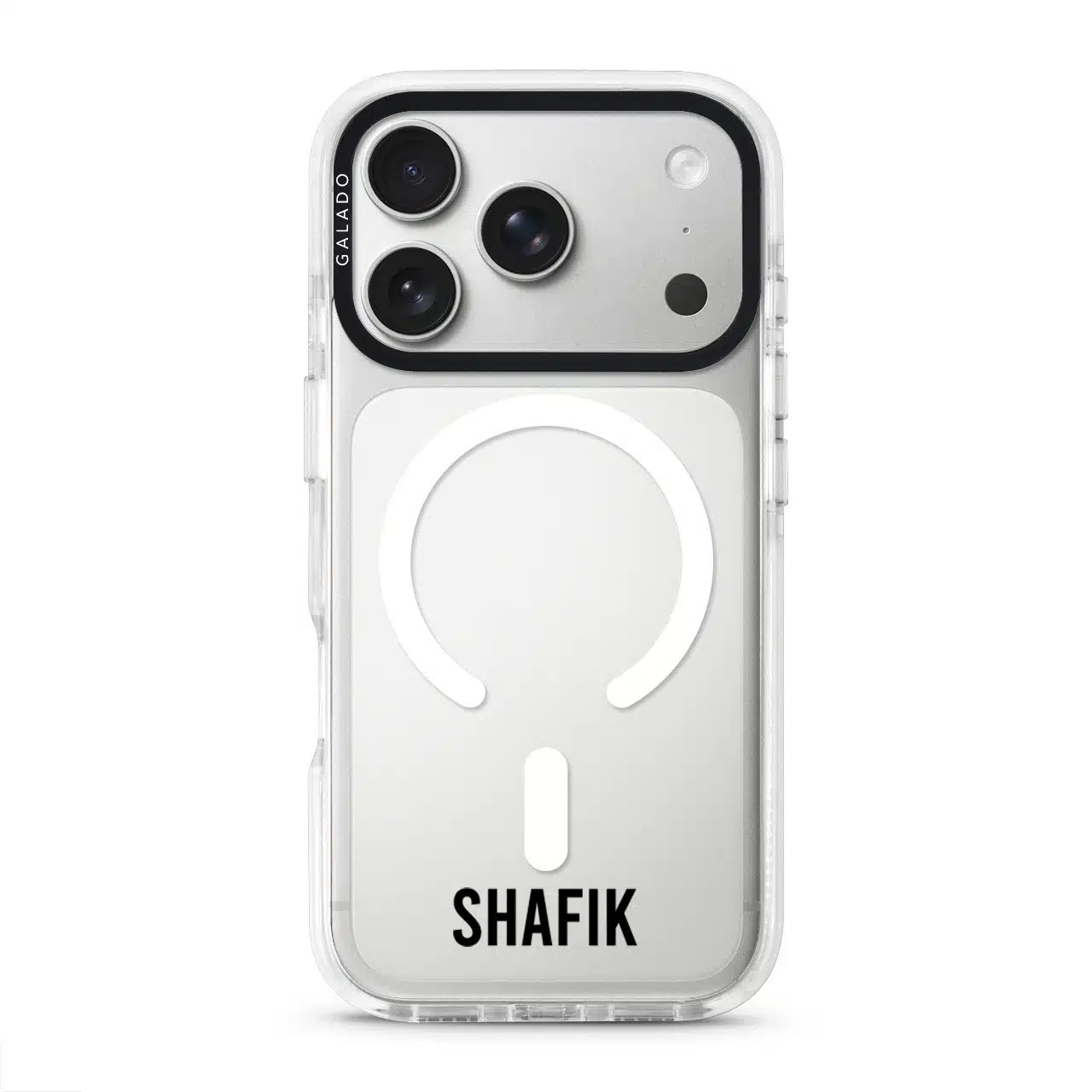 Grande Custom Name phone case, personalised name in bold condensed type on a clear case