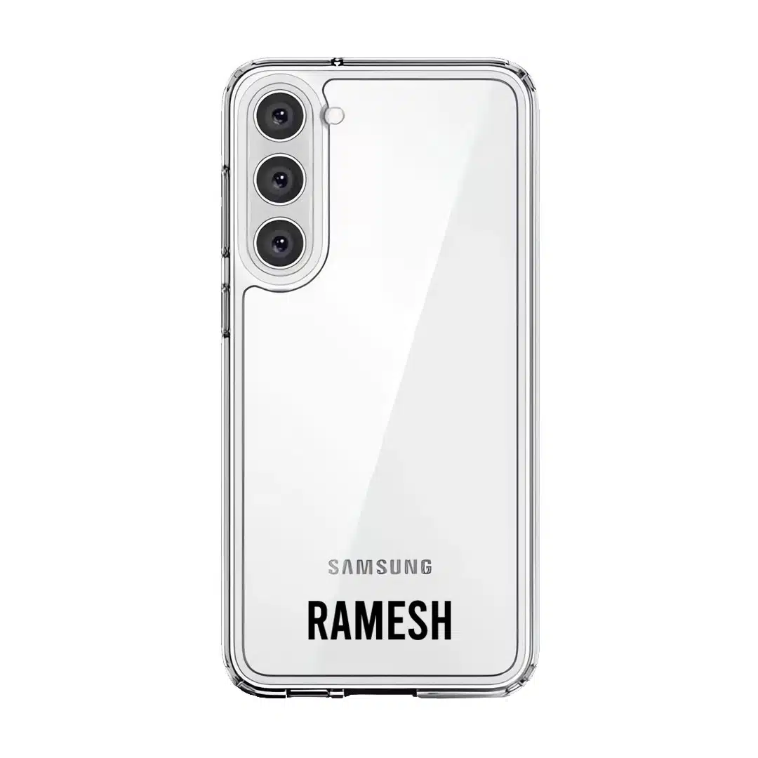 Grande Custom Name phone case, personalised name in bold condensed type on a clear case