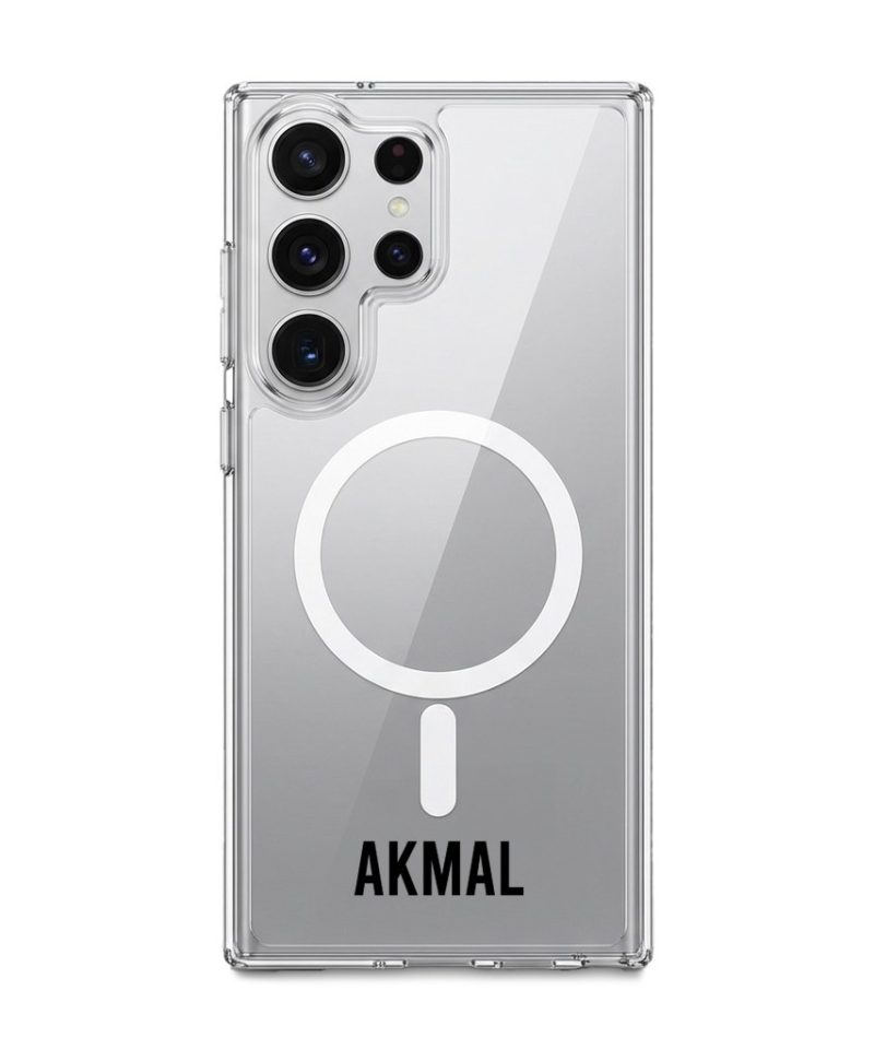 Grande Custom Name phone case, personalised name in bold condensed type on a clear case
