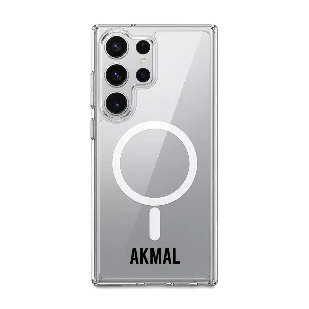Grande Custom Name phone case, personalised name in bold condensed type on a clear case