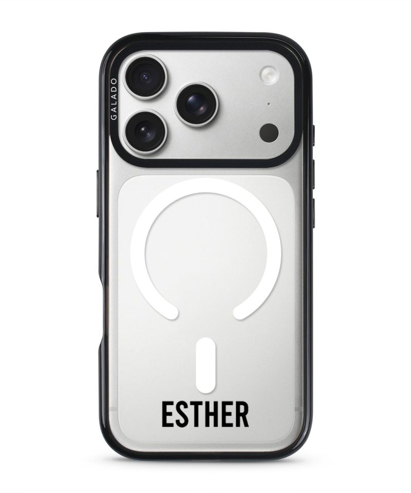 Grande Custom Name phone case, personalised name in bold condensed type on a clear case