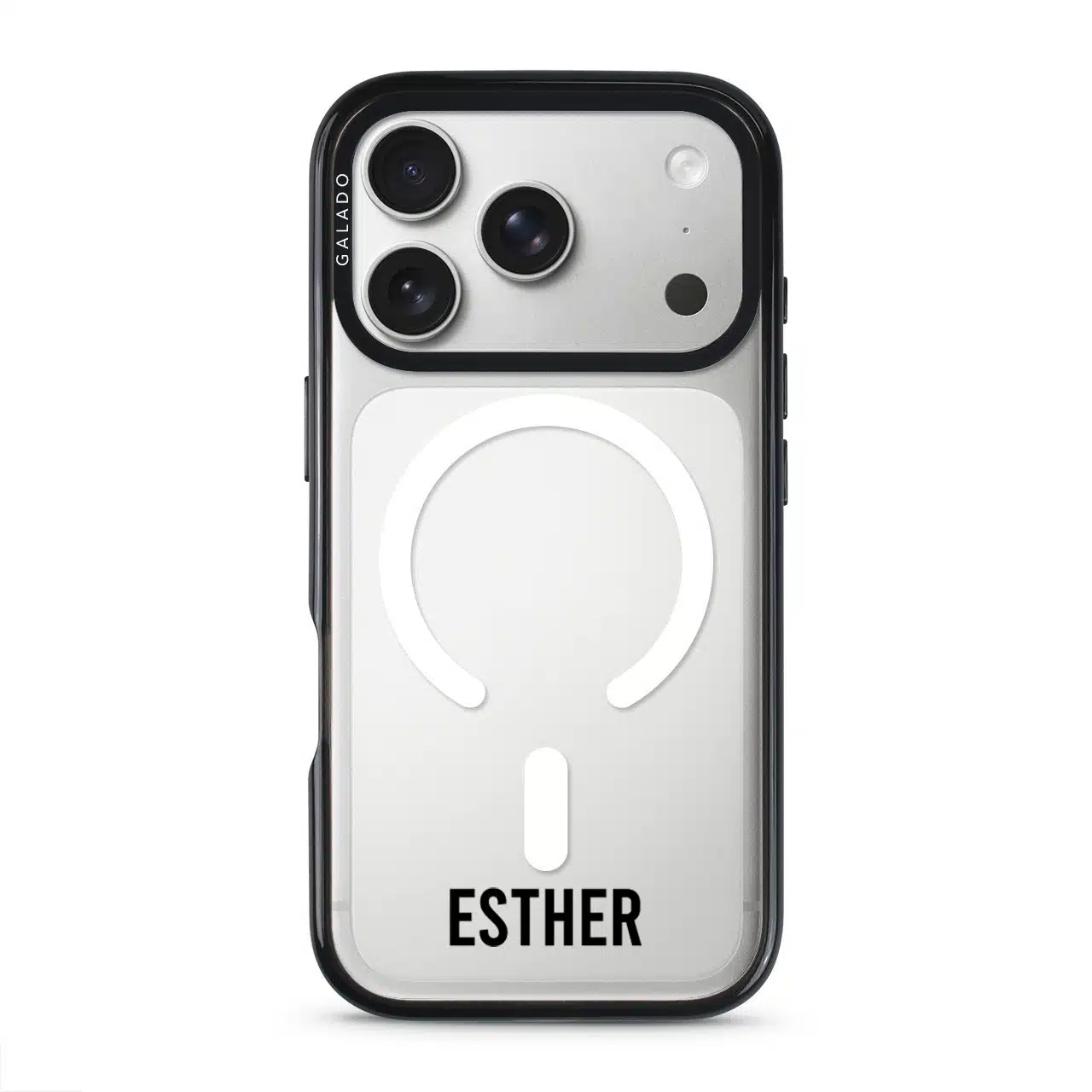 Grande Custom Name phone case, personalised name in bold condensed type on a clear case