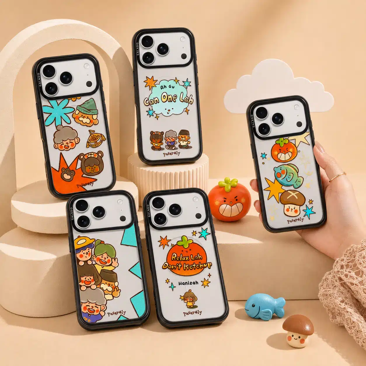 Pasaroly collection: five GALADO phone cases with cute character props