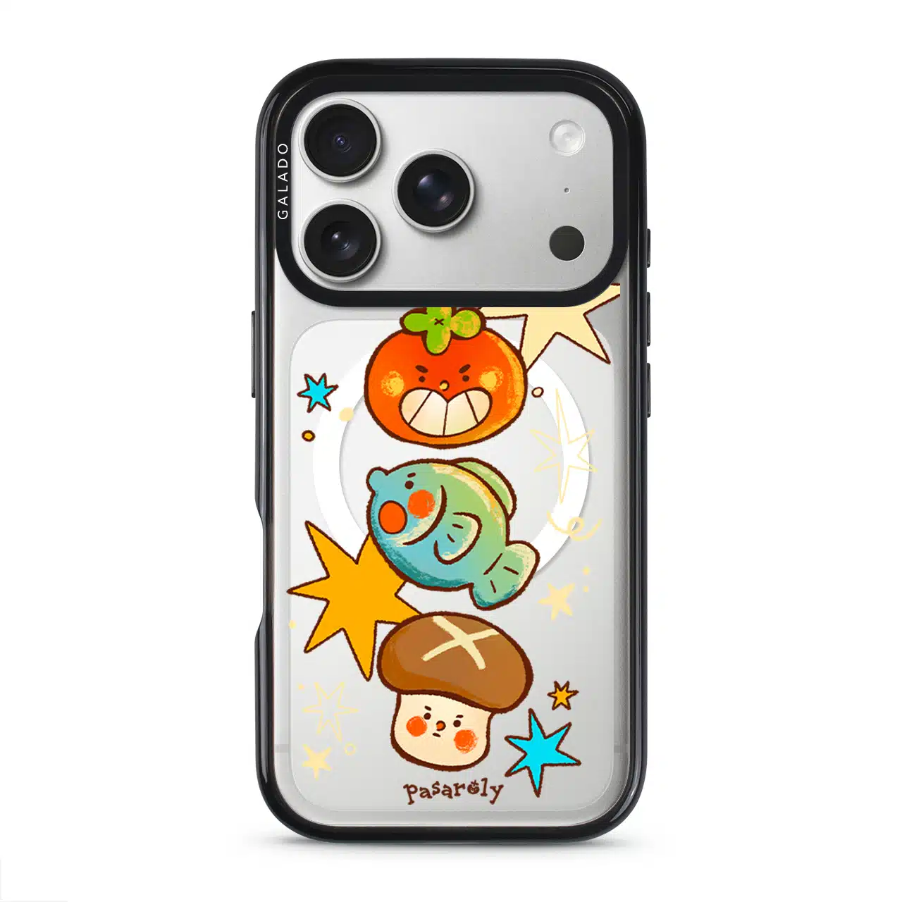 Pasaroly Lucky Catch phone case on iPhone 17 Pro in the black ProGuard case