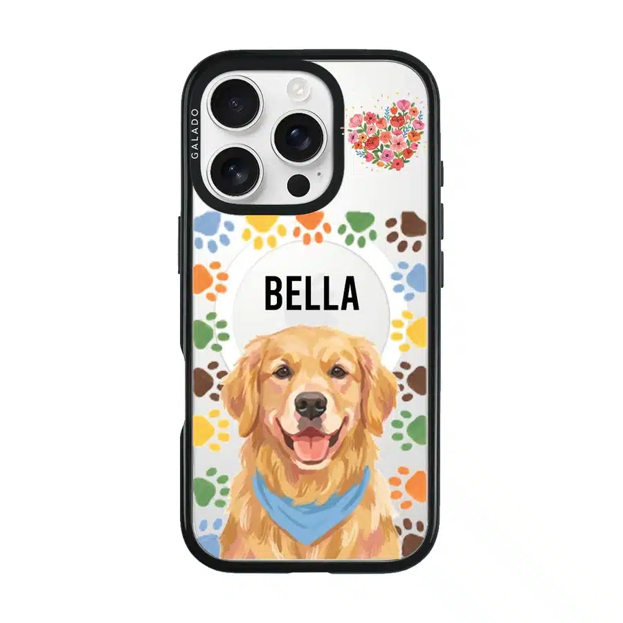 Clear case with a golden retriever photo and the name Bella