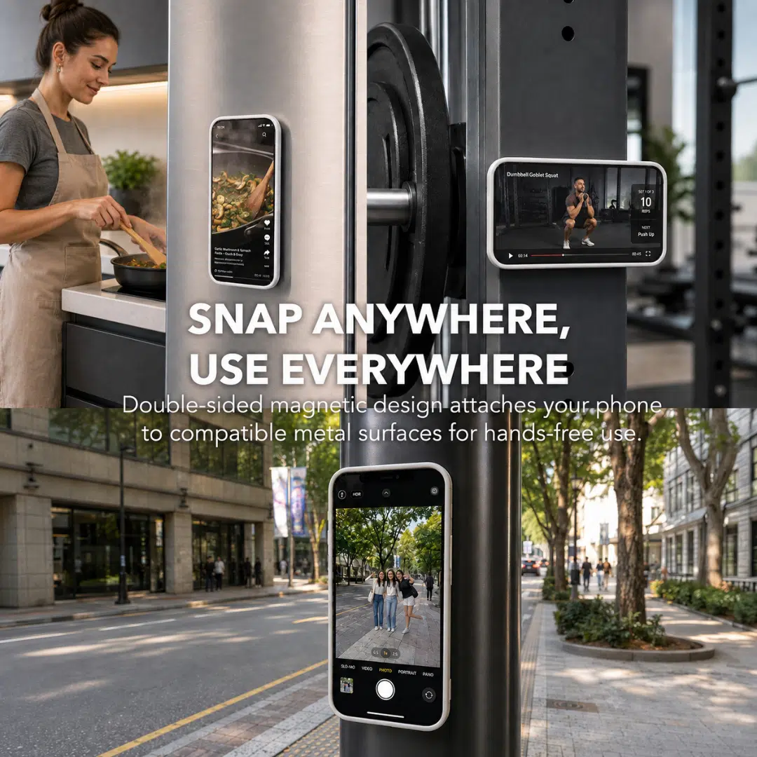 Carbon Duo Magnetic Grip holding a phone on a kitchen cabinet, a gym rack and a street pole