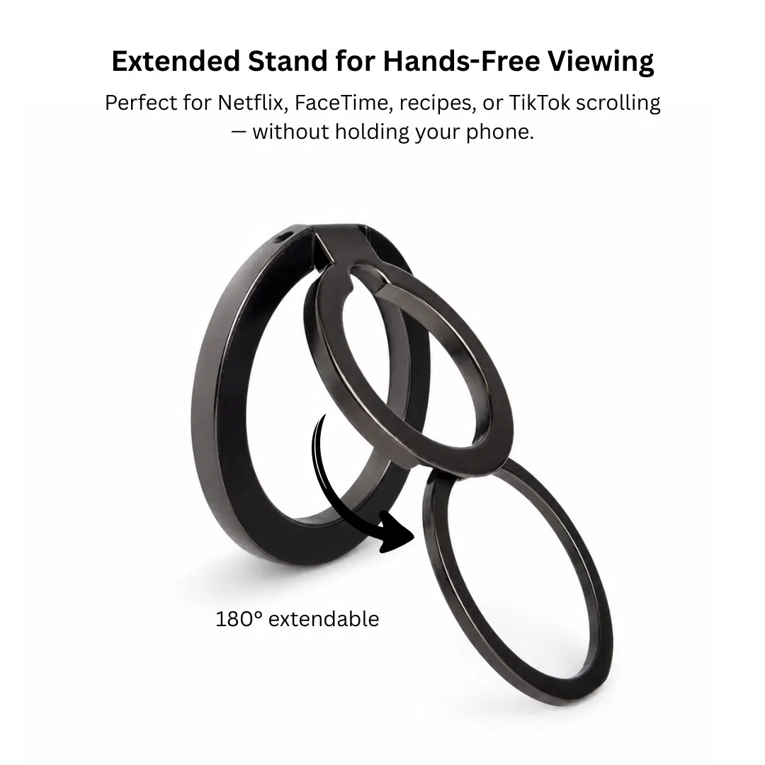 Carbon Duo Magnetic Grip in Carbon Black extended to 180 degrees as a hands free stand