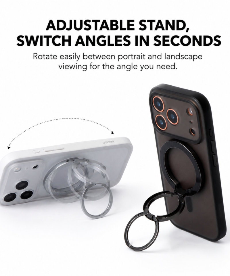 Carbon Duo Magnetic Grip propping a phone upright in portrait and in landscape