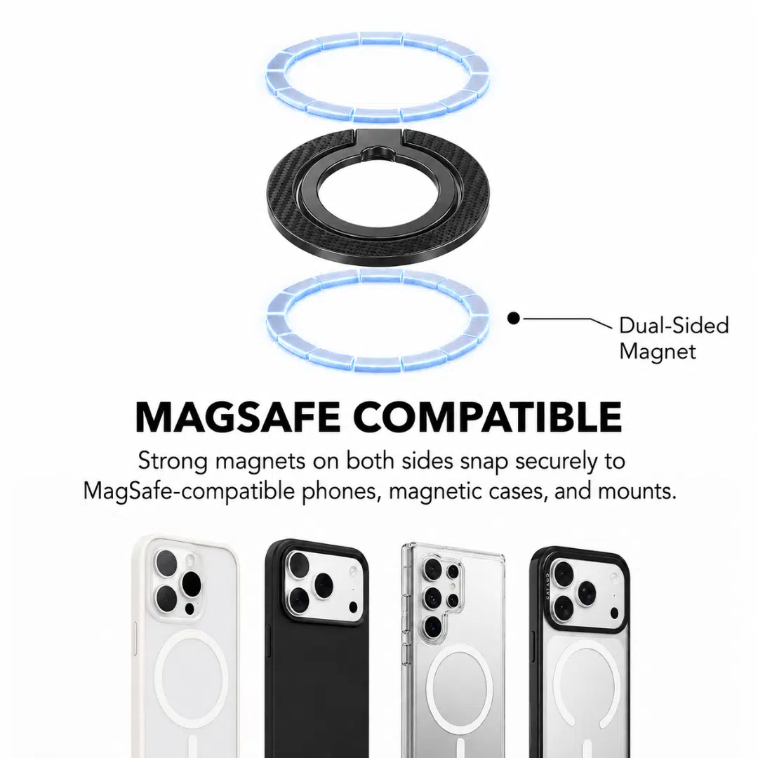 Dual sided magnet on the Carbon Duo Magnetic Grip snapping to MagSafe phones, cases and mounts