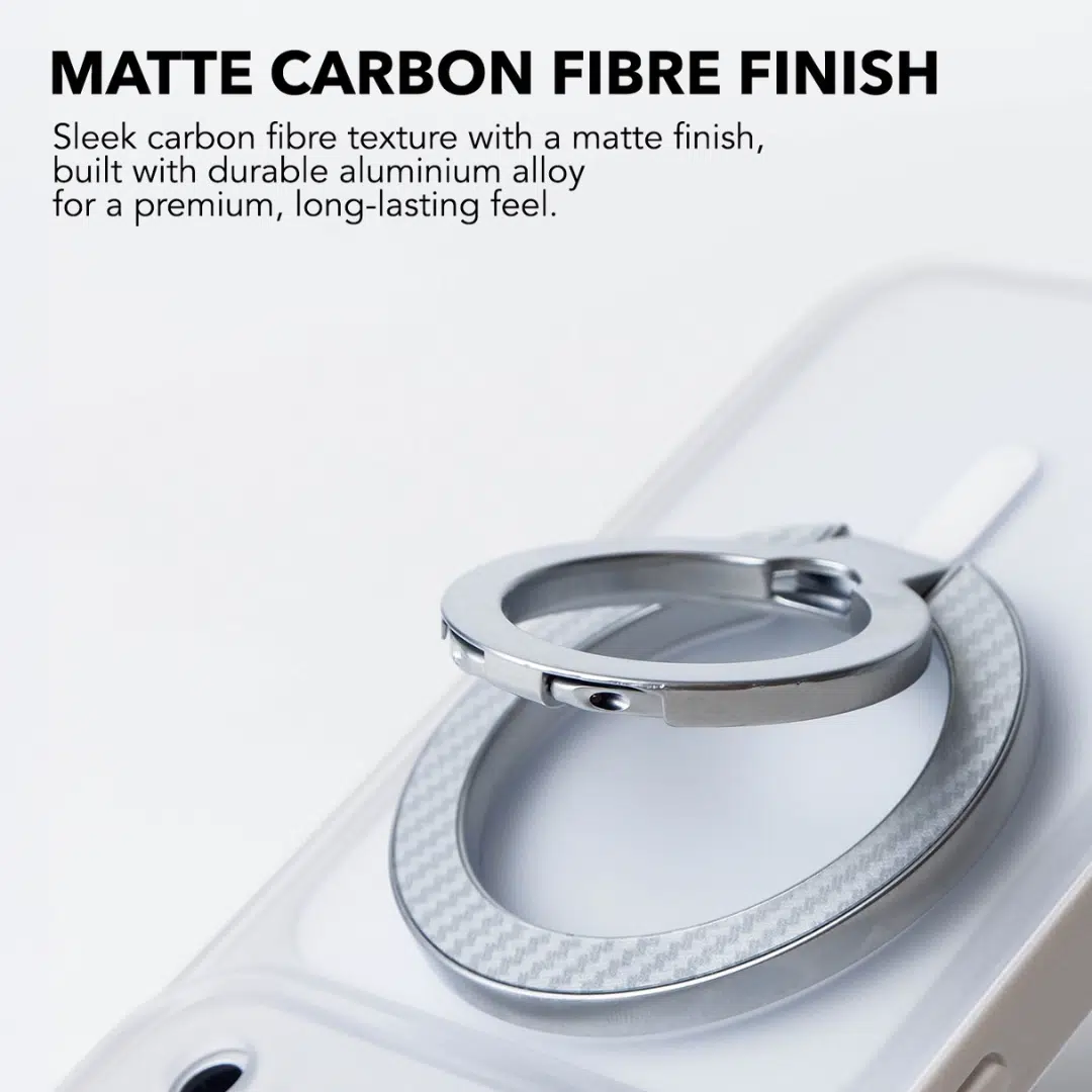 Matte carbon fibre finish and aluminium alloy body of the Carbon Duo Magnetic Grip in Carbon Silver