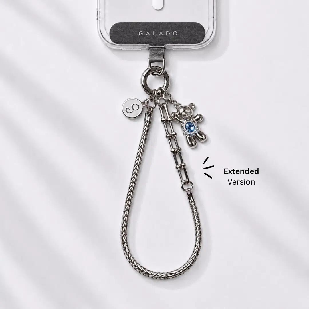 GALADO Stylink Extended metal phone chain with a clip-on charm attached