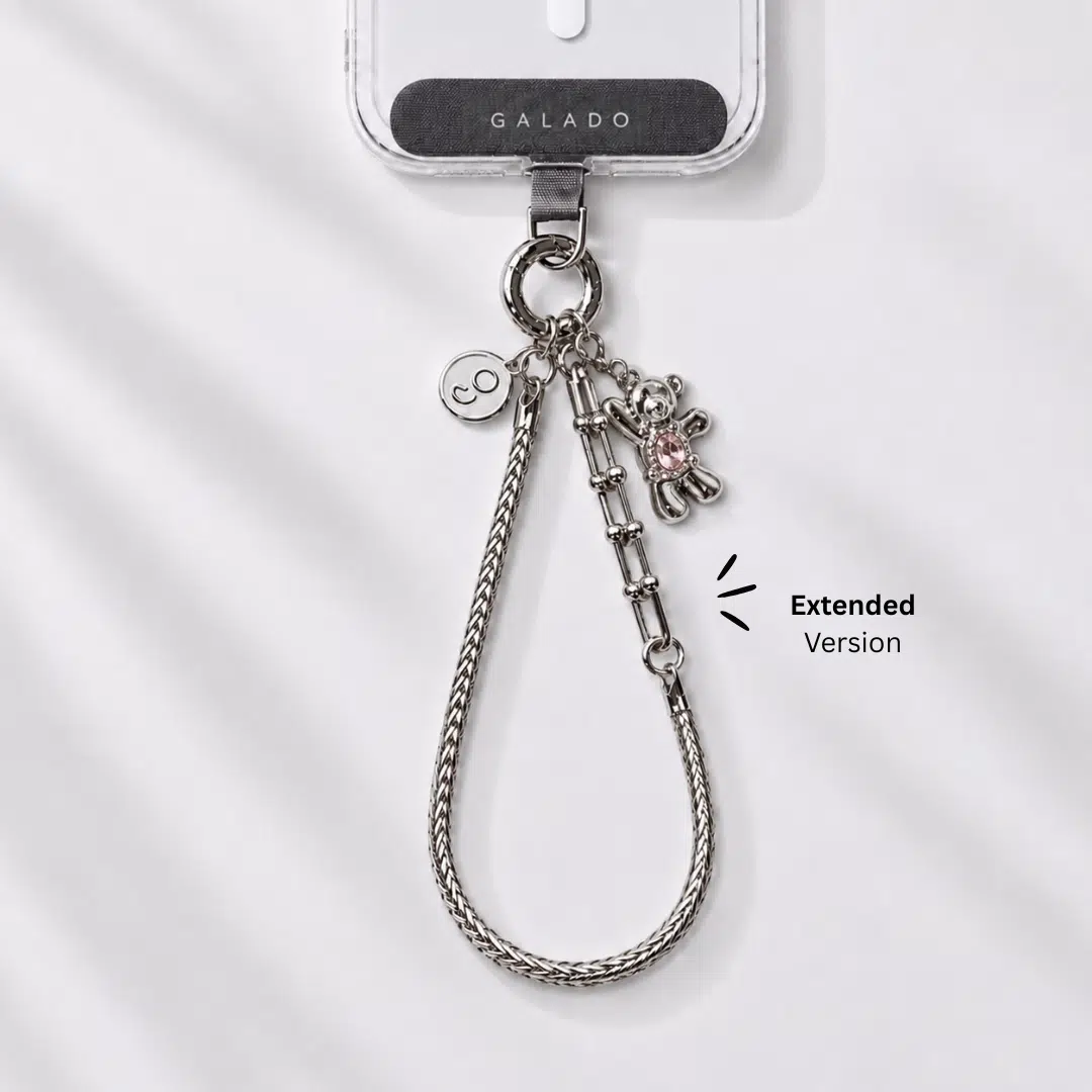 GALADO Stylink Extended metal phone chain with a clip-on charm attached