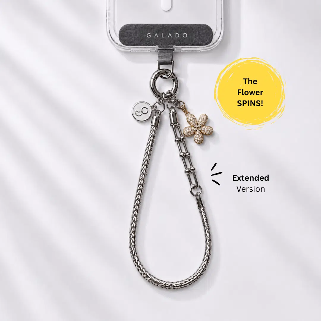 GALADO Stylink Extended metal phone chain with a clip-on charm attached