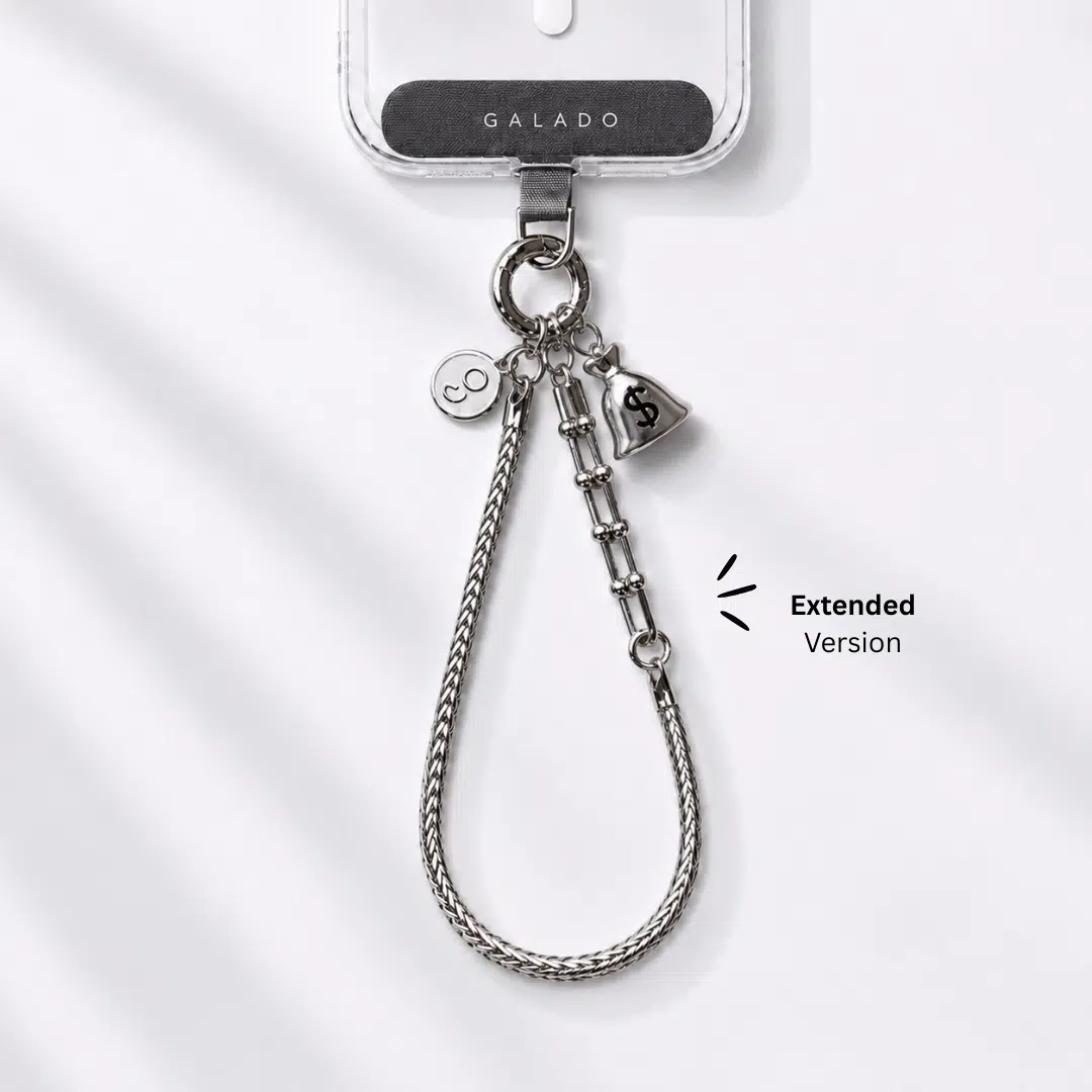 GALADO Stylink Extended metal phone chain with a clip-on charm attached