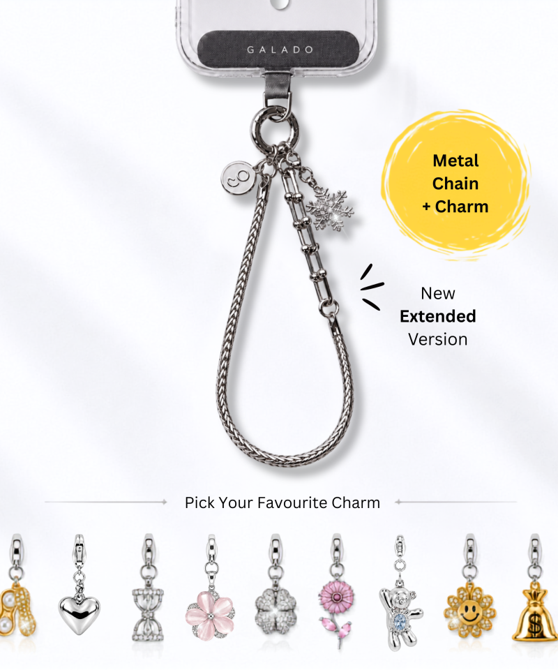 GALADO Stylink Extended metal phone chain, 15cm stainless steel wrist loop with a clip-on charm
