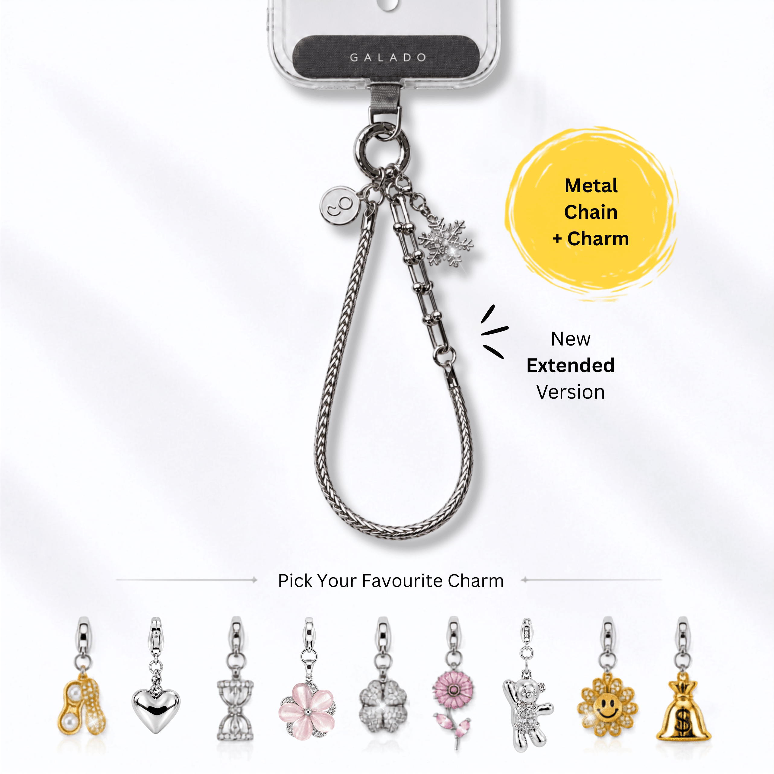 GALADO Stylink Extended metal phone chain, 15cm stainless steel wrist loop with a clip-on charm