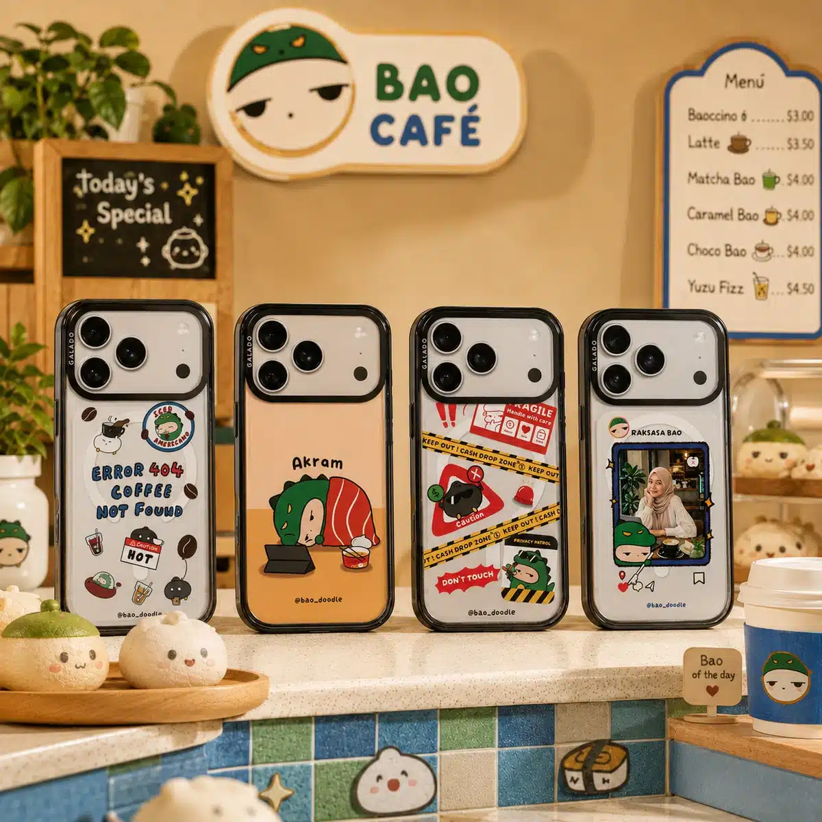 Four Bao Doodle phone cases from the GALADO collection on a Bao Cafe counter