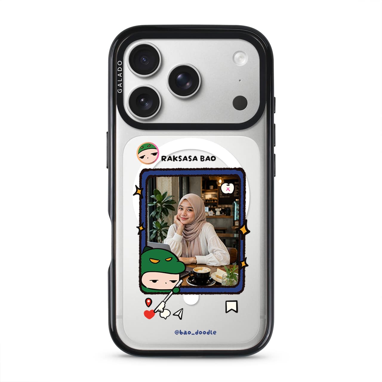 Bao Doodle Social Media Frame phone case on a clear GALADO ProGuard case