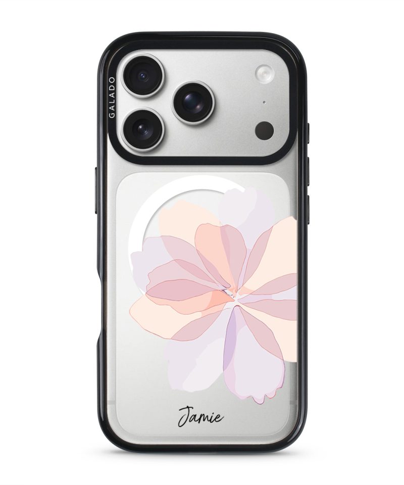 Blush Peony phone case in black on iPhone 17 Pro