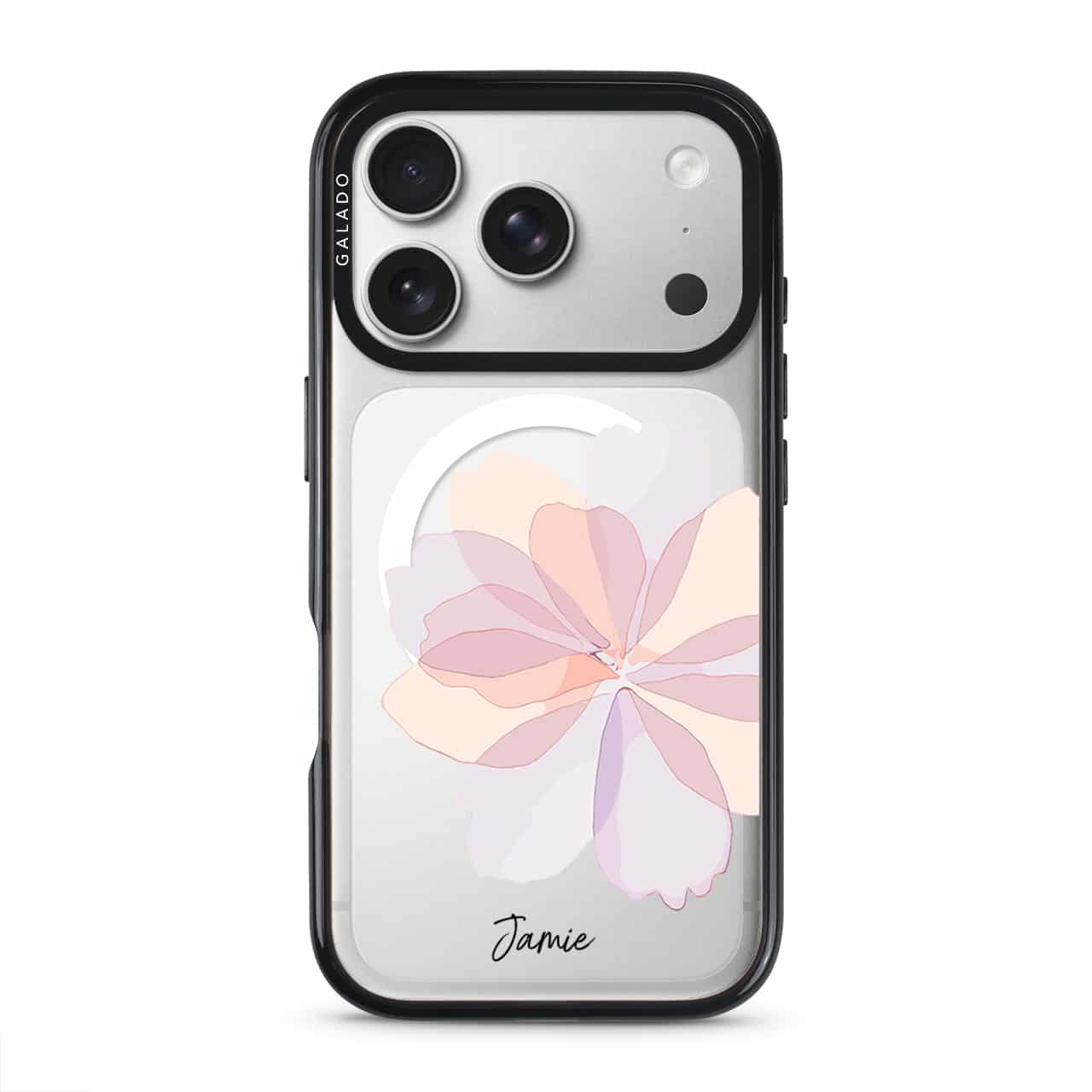 Blush Peony phone case in black on iPhone 17 Pro