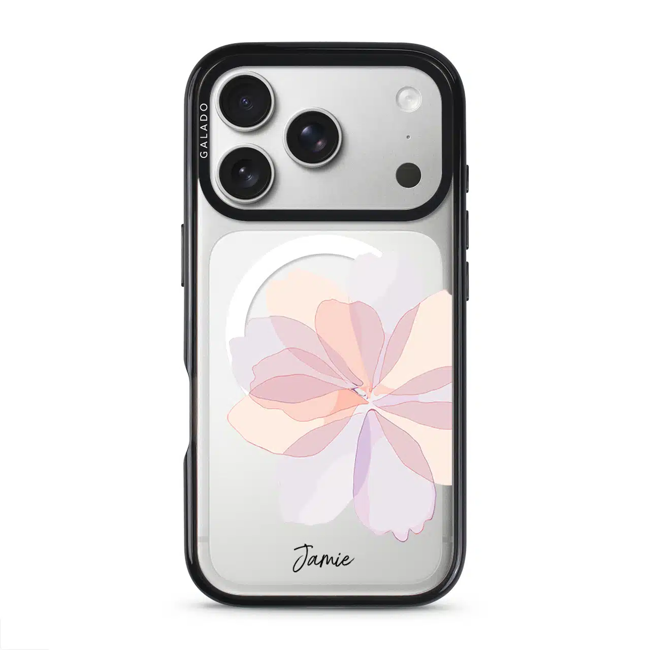 Blush Peony phone case in black on iPhone 17 Pro