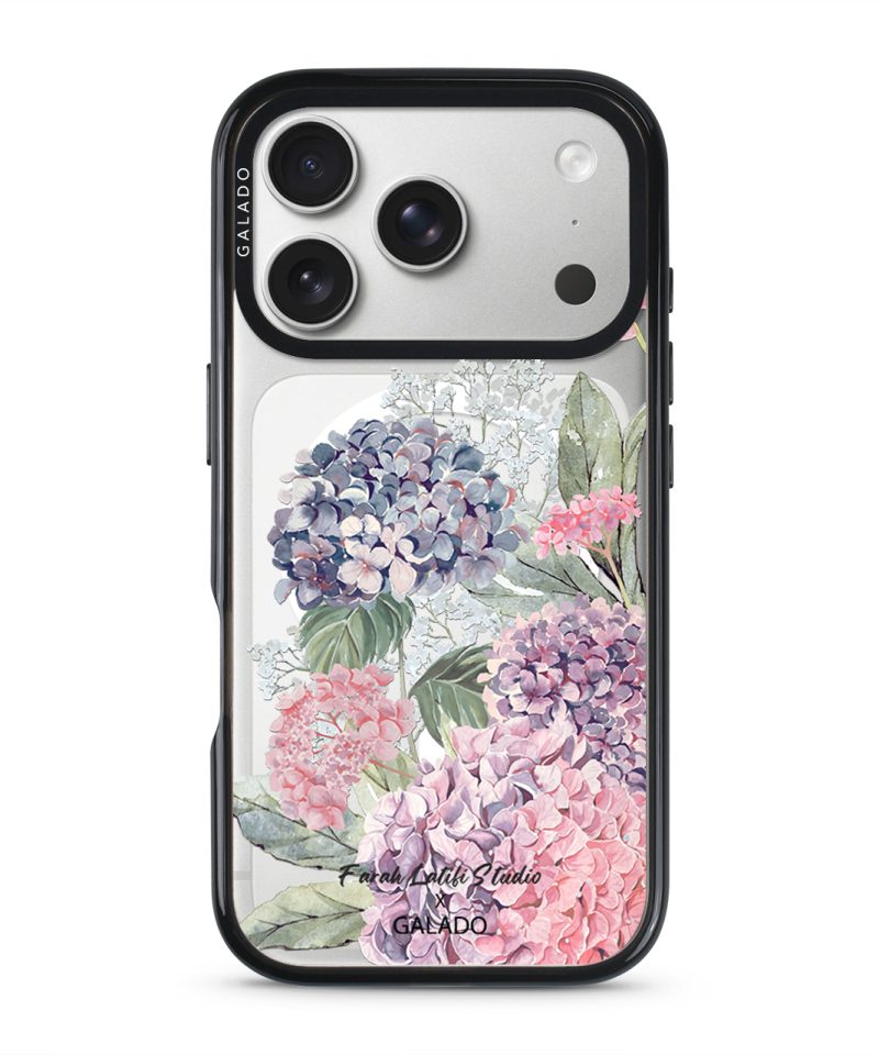 Hydrangeas phone case in black on iPhone 17 Pro