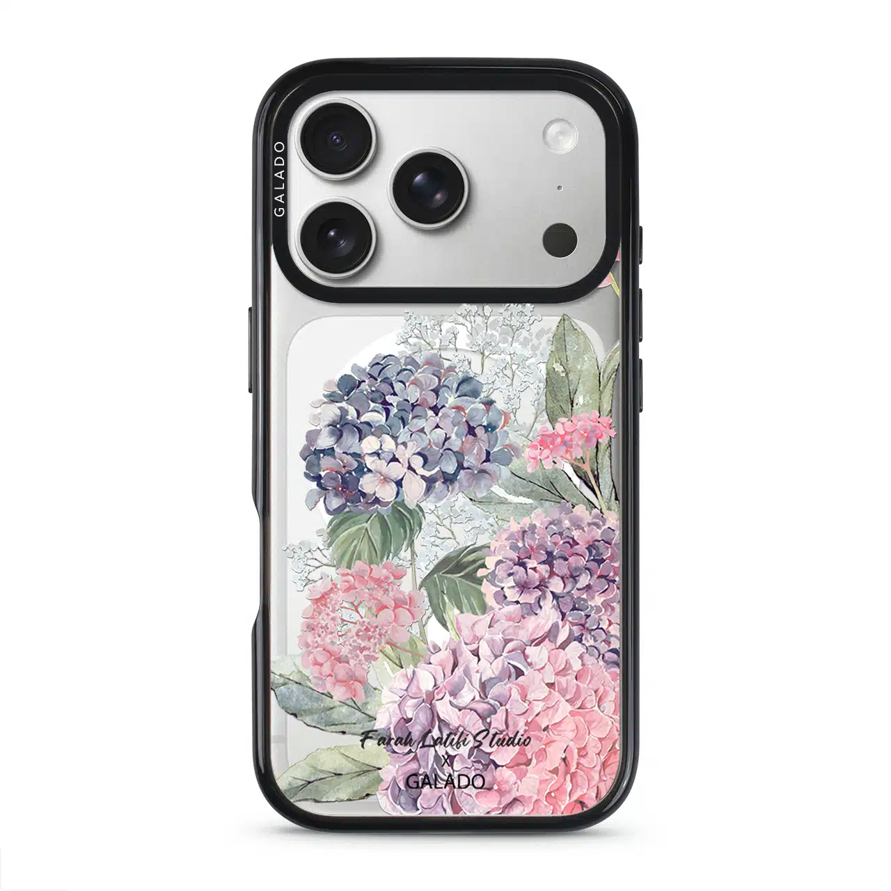 Hydrangeas phone case in black on iPhone 17 Pro