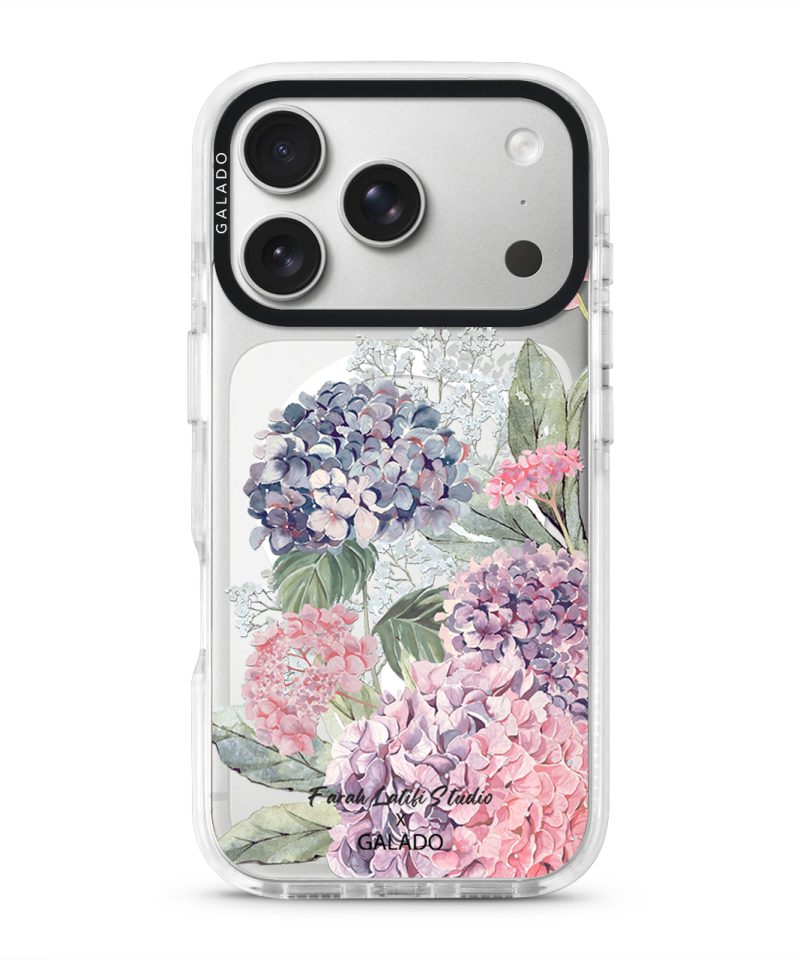 Hydrangeas clear phone case on iPhone 17 Pro