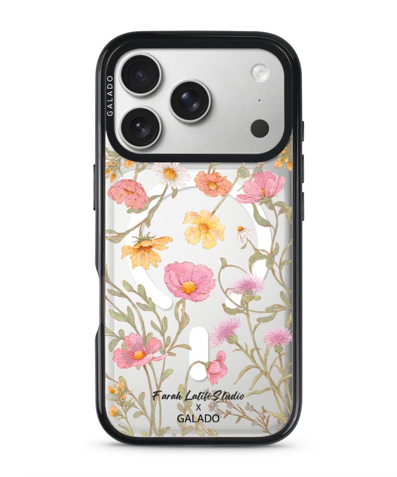 Sunlit Blooms phone case in black on iPhone 17 Pro