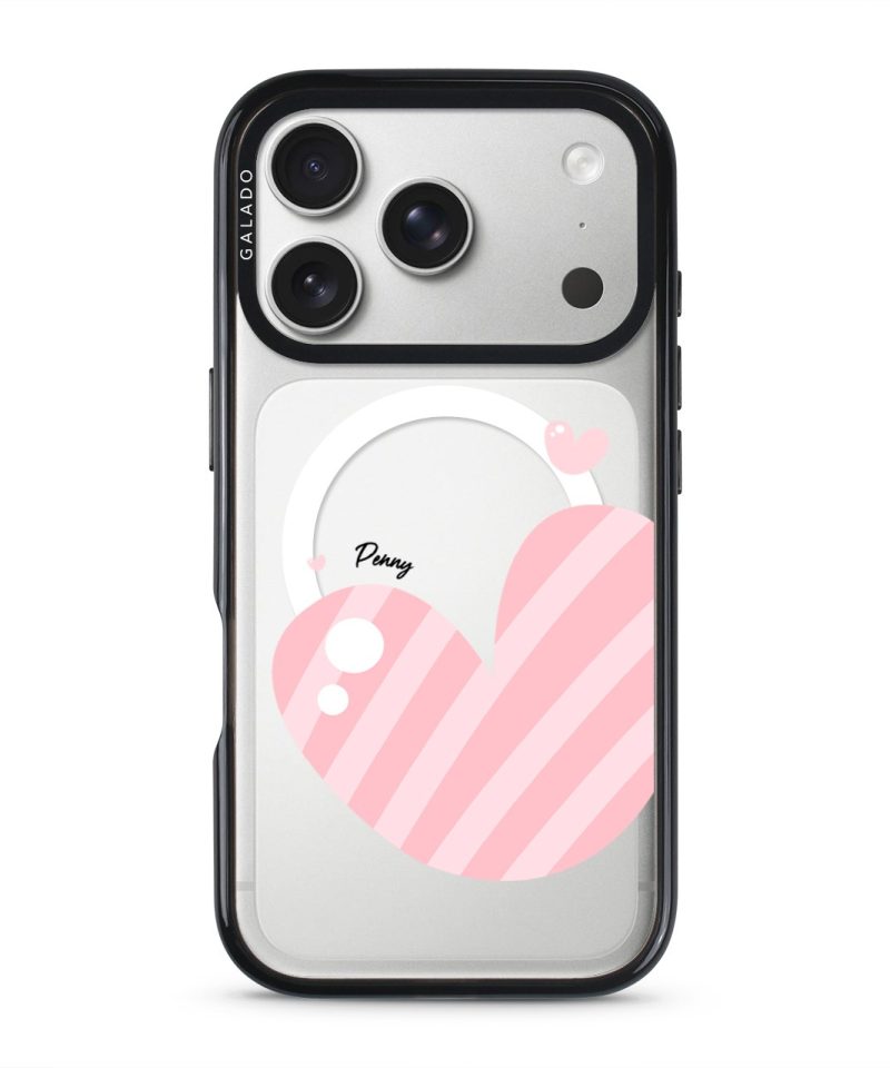 Cotton Heart phone case, pink striped heart on a clear case with a personalised name