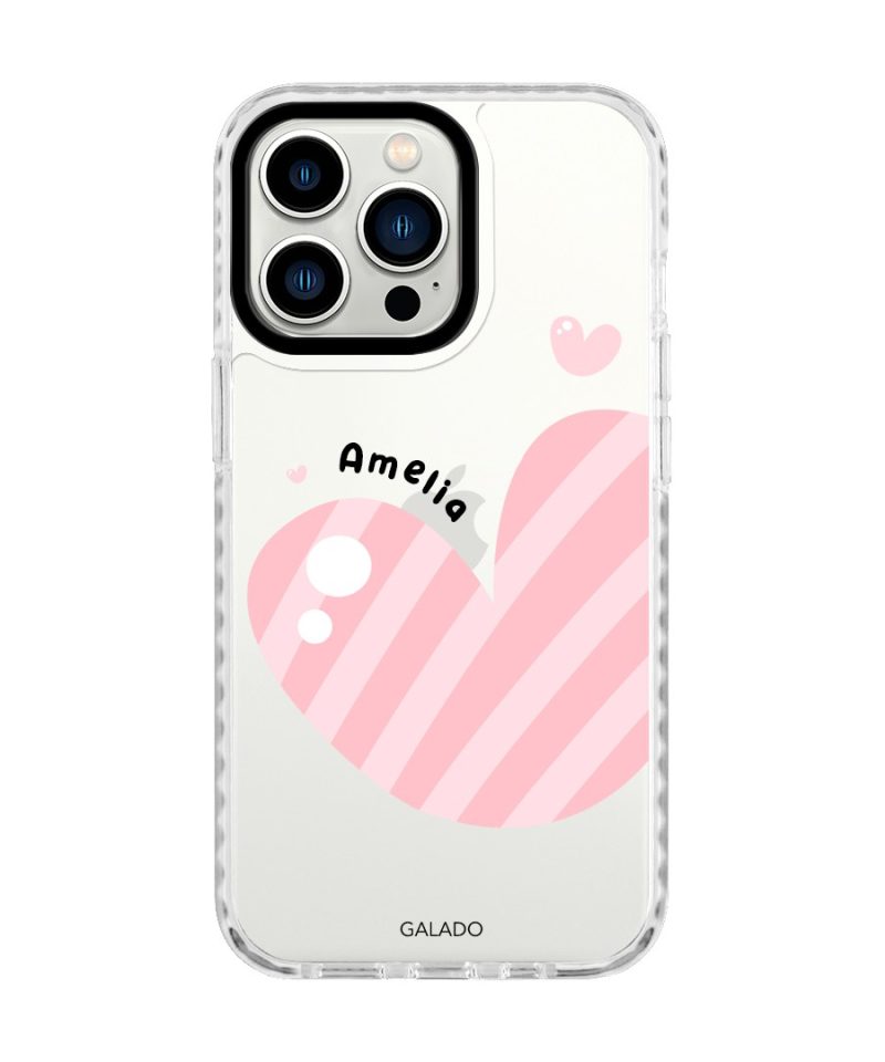 Cotton Heart phone case, pink striped heart on a clear case with a personalised name