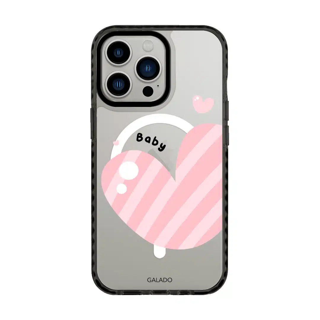 Cotton Heart phone case, pink striped heart on a clear case with a personalised name