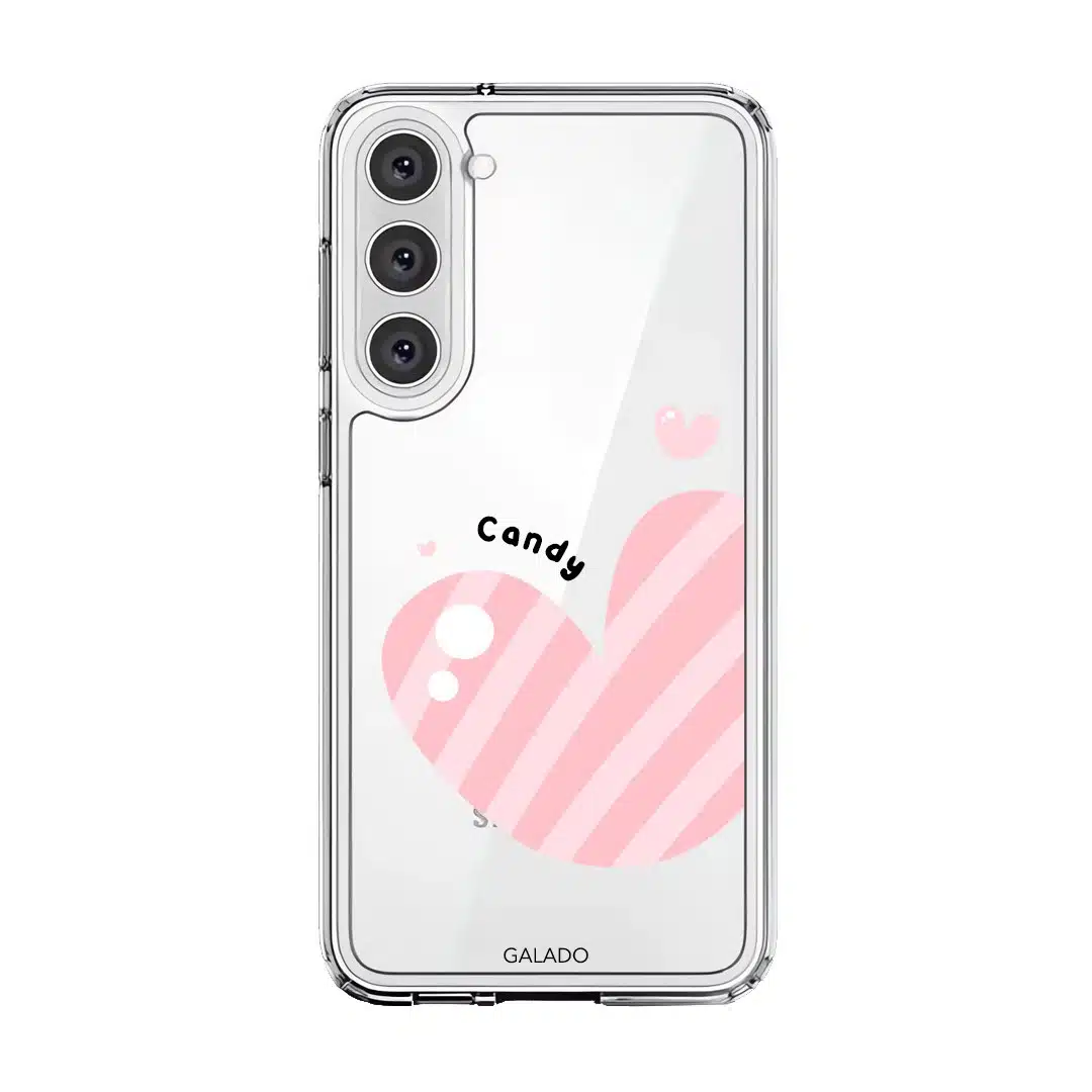 Cotton Heart phone case, pink striped heart on a clear case with a personalised name