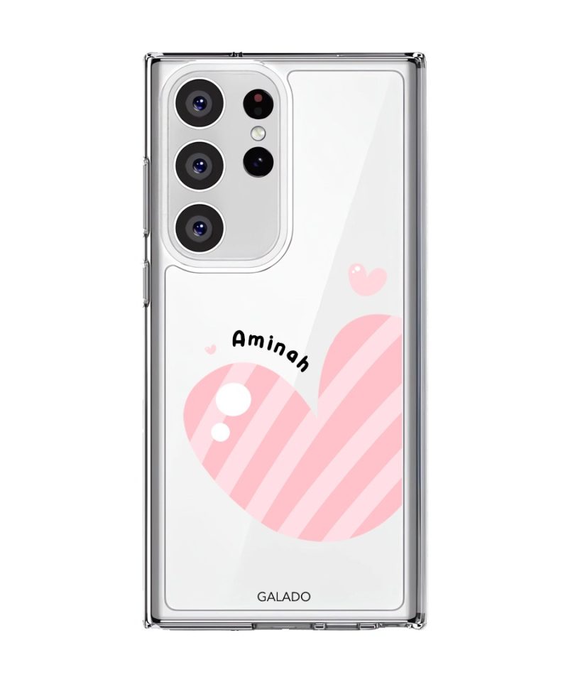 Cotton Heart phone case, pink striped heart on a clear case with a personalised name