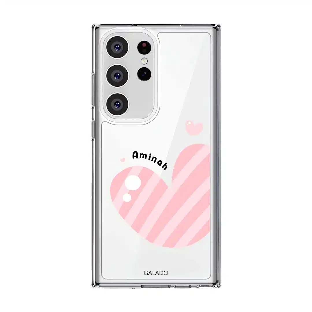 Cotton Heart phone case, pink striped heart on a clear case with a personalised name