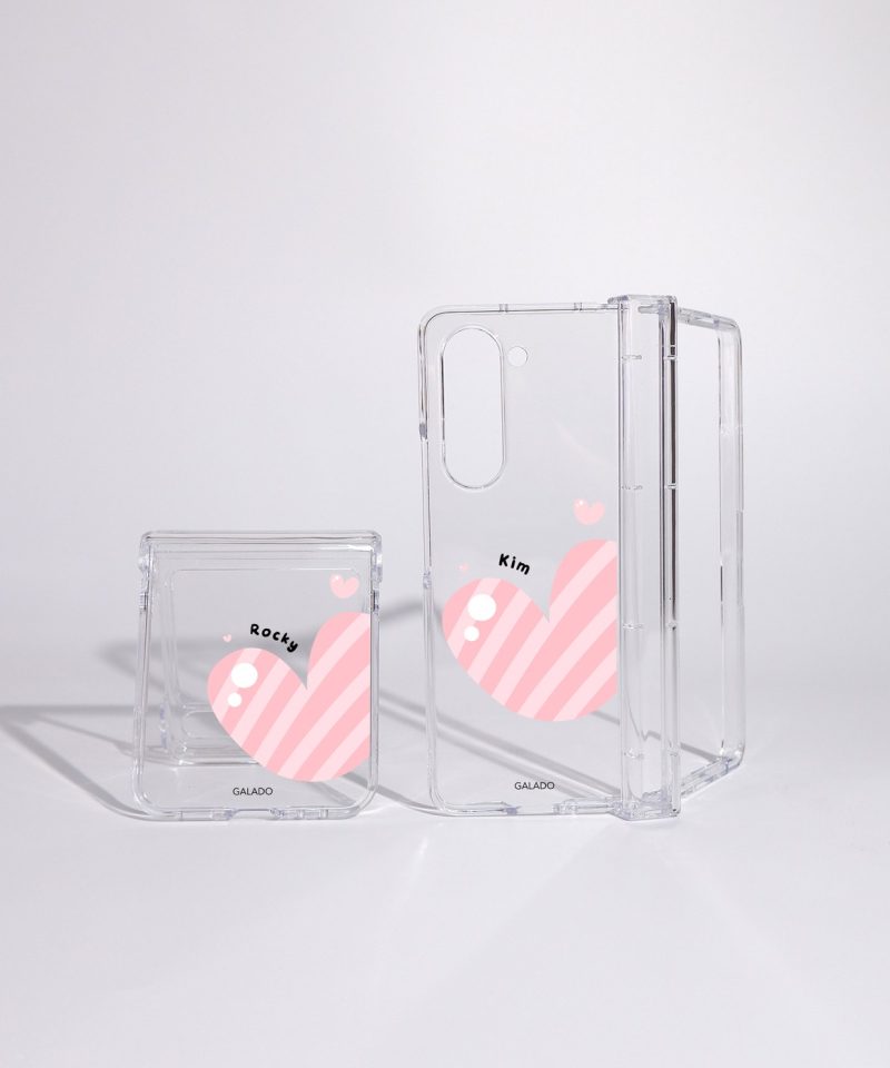 Cotton Heart phone case, pink striped heart on a clear case with a personalised name