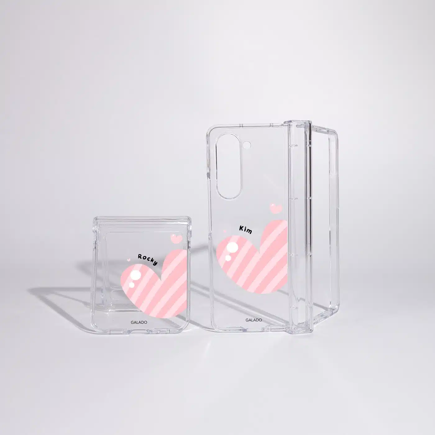 Cotton Heart phone case, pink striped heart on a clear case with a personalised name