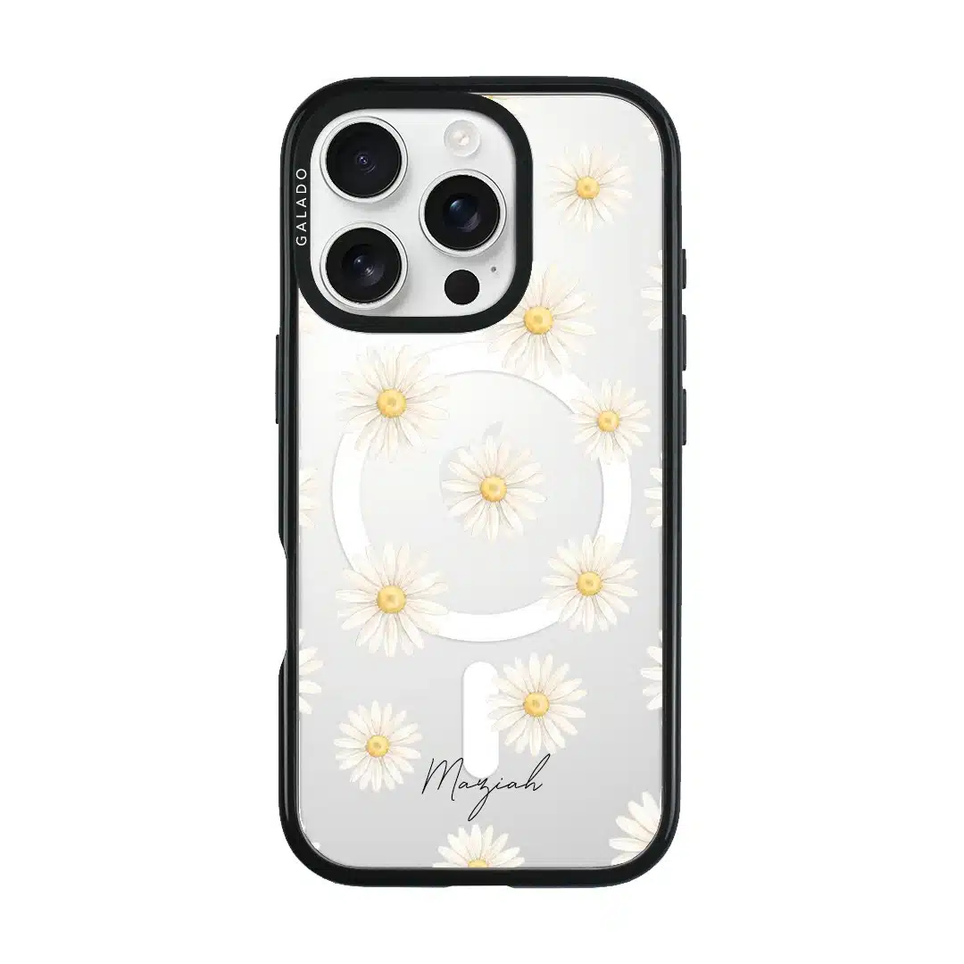 Daisy Daydream phone case, white daisies on a clear case with a personalised script name