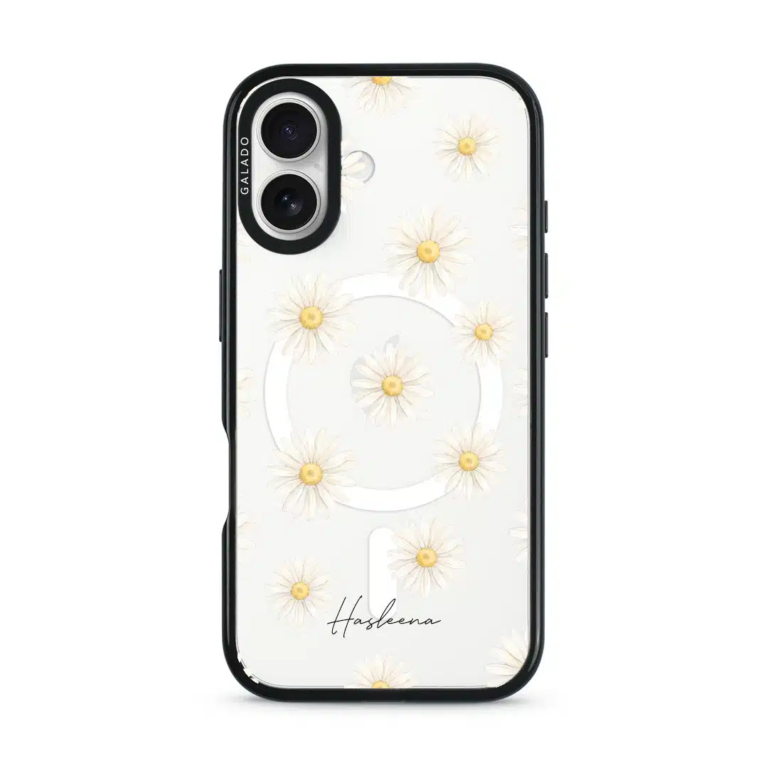 Daisy Daydream phone case, white daisies on a clear case with a personalised script name