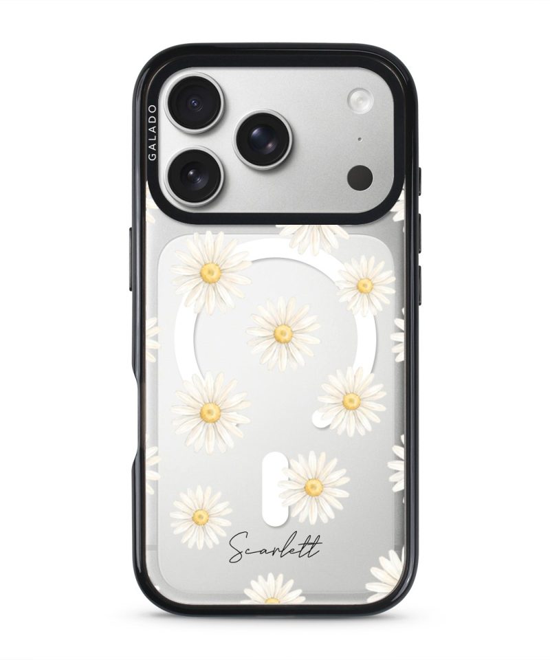Daisy Daydream phone case, white daisies on a clear case with a personalised script name