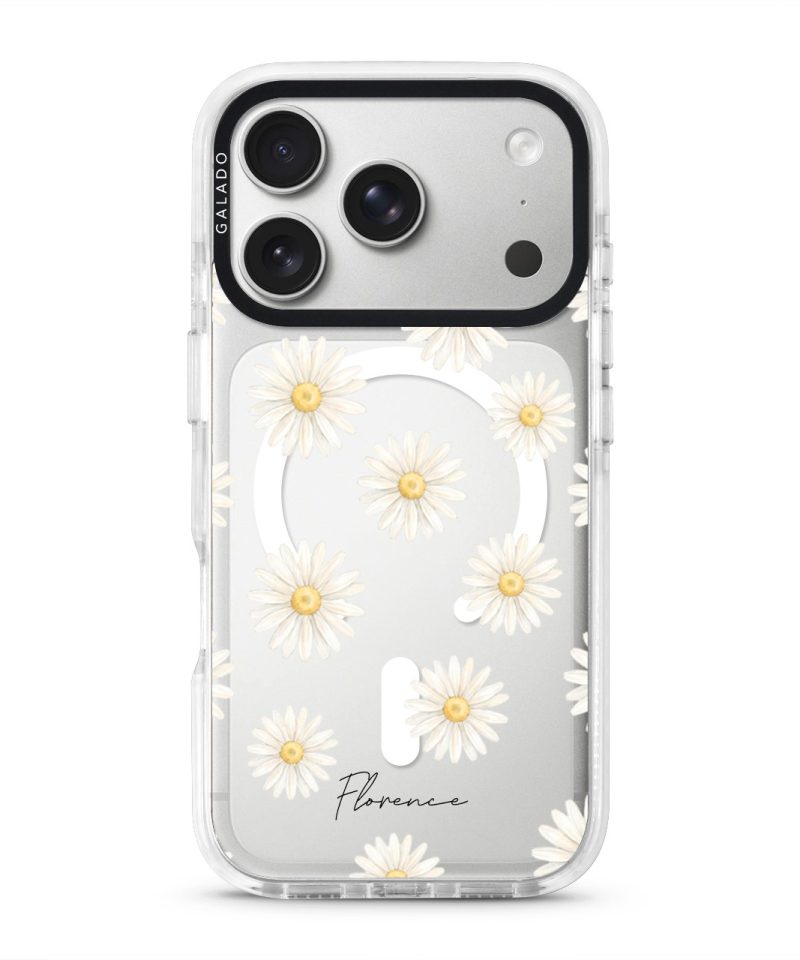 Daisy Daydream phone case, white daisies on a clear case with a personalised script name