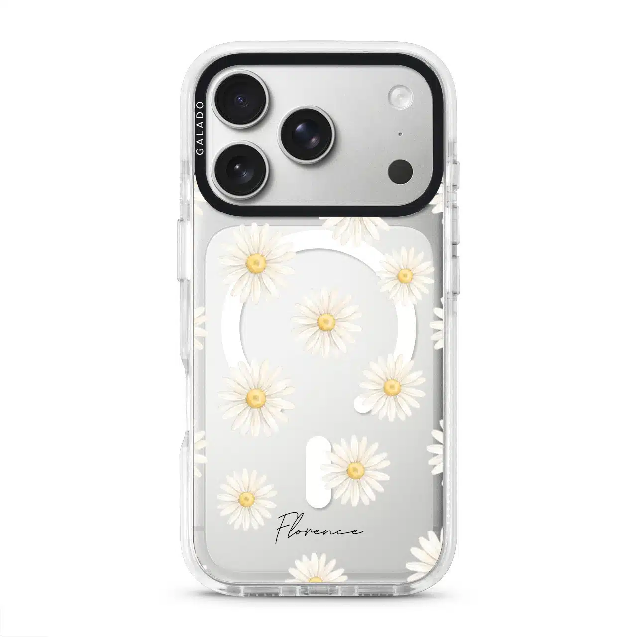 Daisy Daydream phone case, white daisies on a clear case with a personalised script name