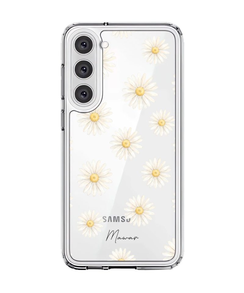 Daisy Daydream phone case, white daisies on a clear case with a personalised script name