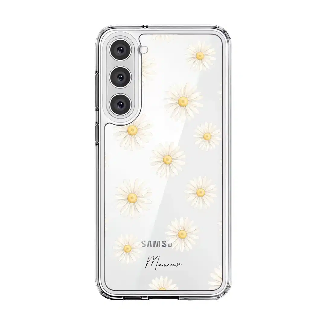 Daisy Daydream phone case, white daisies on a clear case with a personalised script name