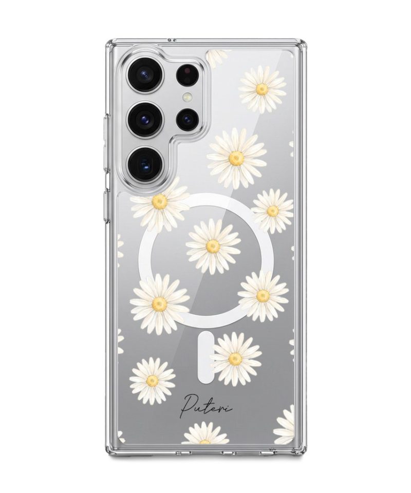 Daisy Daydream phone case, white daisies on a clear case with a personalised script name