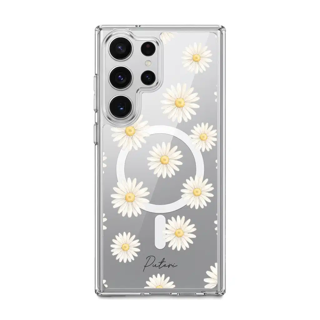 Daisy Daydream phone case, white daisies on a clear case with a personalised script name