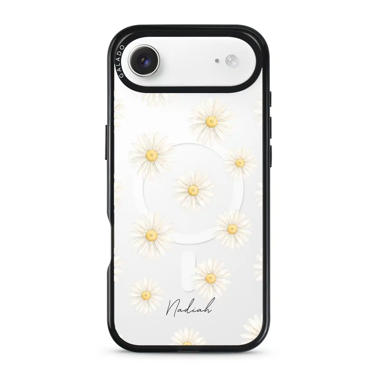 Daisy Daydream phone case, white daisies on a clear case with a personalised script name